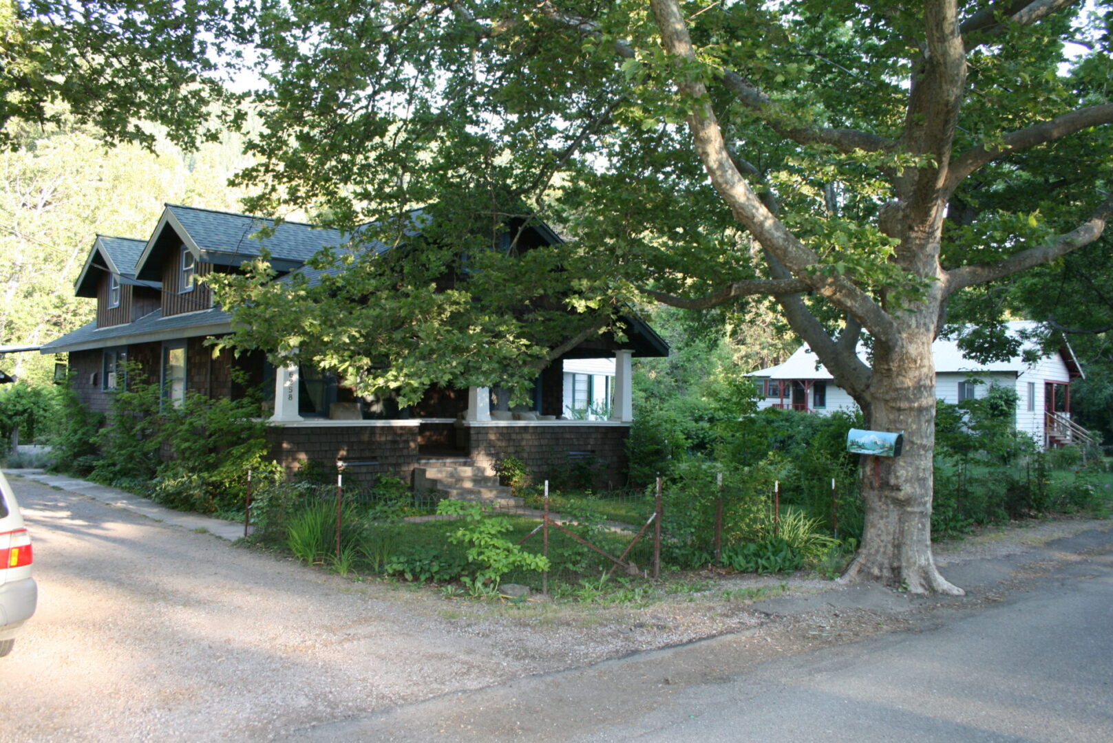 A house with trees and bushes in front of it.