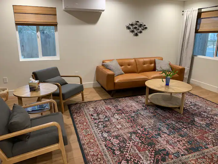 A living room with couches, chairs and a rug.